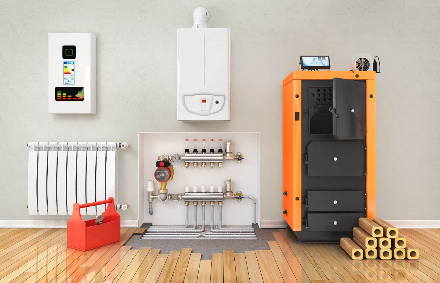 Caldaia, radiatore, tubature e attrezzi su pavimento in legno.