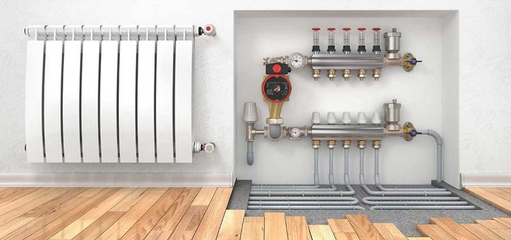 Radiatore e sistema di tubature a parete.
