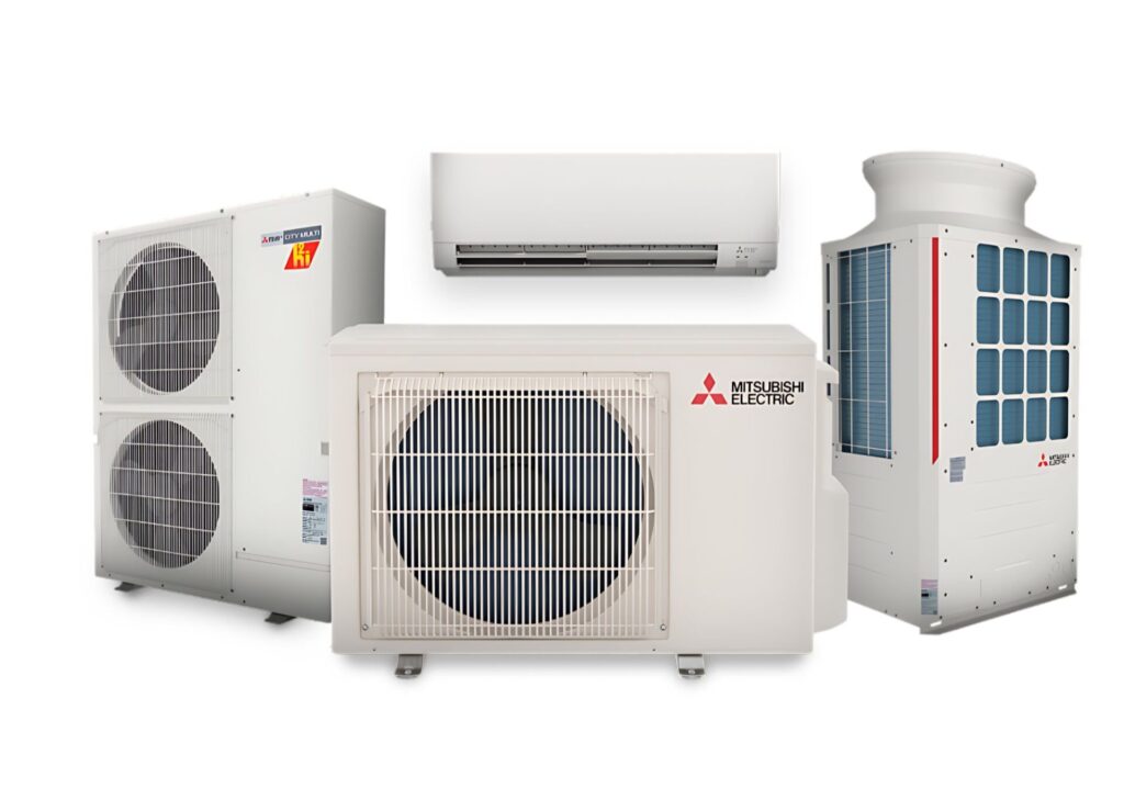 Quattro unit&agrave; esterne di climatizzatori Mitsubishi Electric.