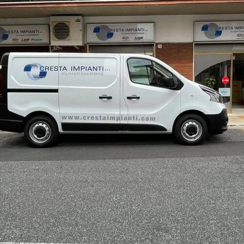 Furgone bianco parcheggiato davanti a un negozio.