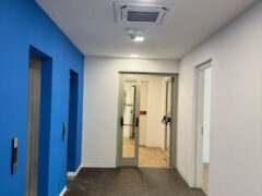 Corridoio con ascensori e porte, pareti blu e bianche.