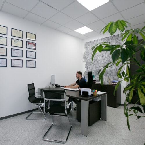 Ufficio moderno con uomo al computer e piante.