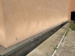 Muro esterno beige con marciapiede in cemento crepato.